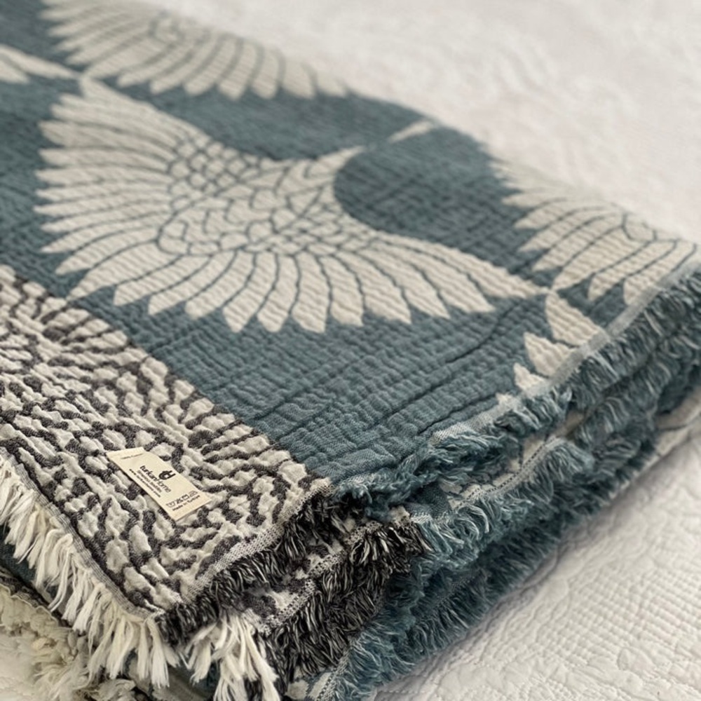 Luxury Bedspread King Organic Muslin Quilted Crinkle 2 Side FLiPSiDE Teal Crane - Picture 8 of 15